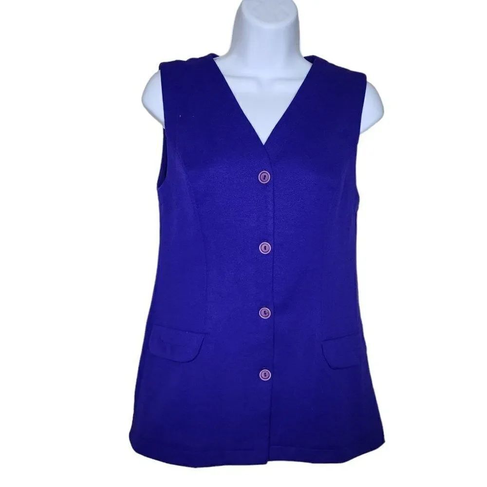 Vintage 70s Button Front Vest Womens Size S Purple Double Knit Polyester